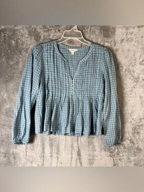 Lucky Brand Blue Plaid Pintuck Peasant Blouse